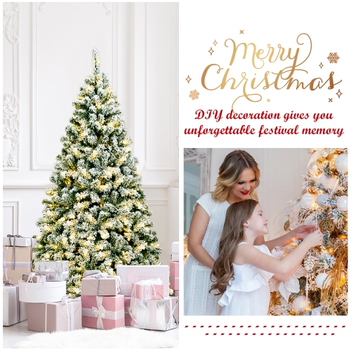 Costway 6Ft Pre-Lit Premium Snow Flocked Hinged Artificial Christmas Tree w/ 250 Lights