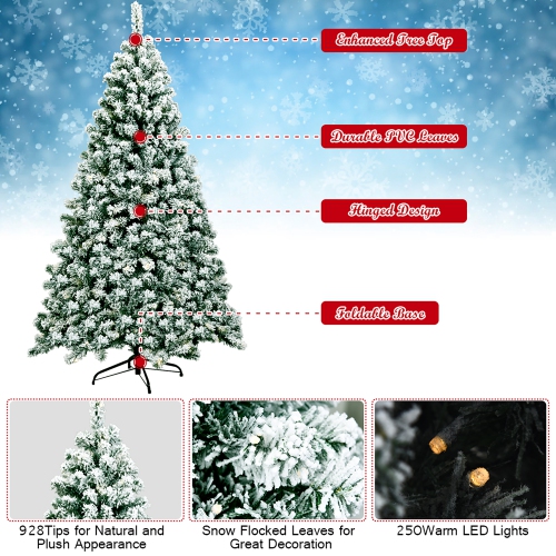 Costway 6Ft Pre-Lit Premium Snow Flocked Hinged Artificial Christmas Tree w/ 250 Lights