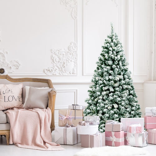 Costway 6Ft Pre-Lit Premium Snow Flocked Hinged Artificial Christmas Tree w/ 250 Lights