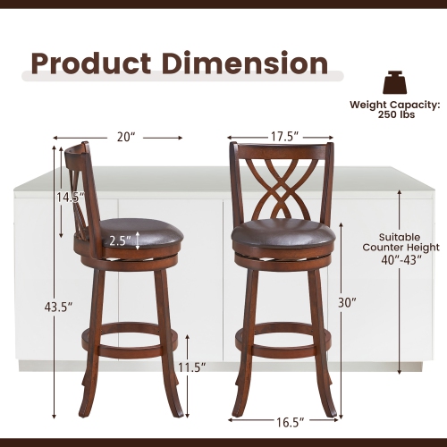 Costway Set of 2 Swivel Bar Stools Bar Height Dining Pub Chairs with Rubber Wood Legs