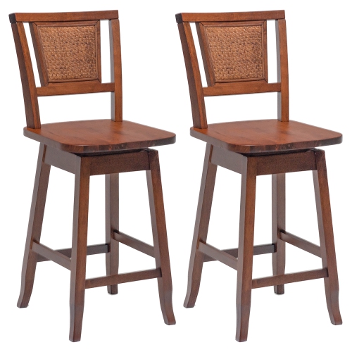 Costway Set of 2 Swivel Bar Stools Counter Height Rubber Wood Pub Chairs w/ Rattan Back