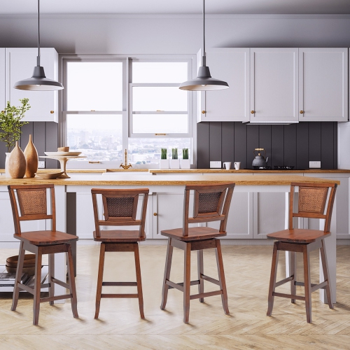 Costway Set of 2 Swivel Bar Stools Counter Height Rubber Wood Pub Chairs w/ Rattan Back