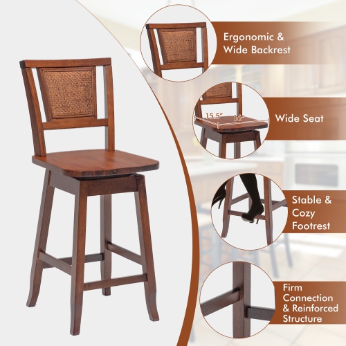 Costway Set of 2 Swivel Bar Stools Counter Height Rubber Wood Pub Chairs w/ Rattan Back