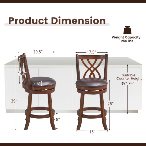 Costway Set of 4 Swivel Bar Stools Counter Height Dining Pub Chairs with Rubber Wood Legs
