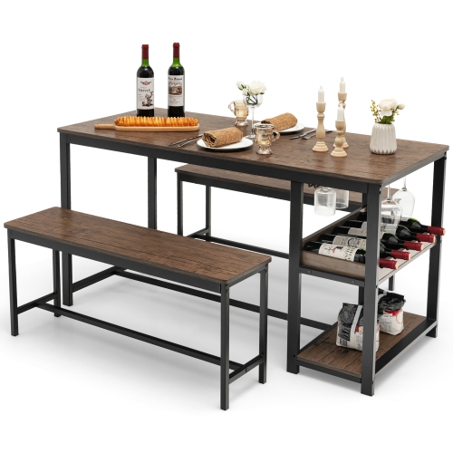 COSTWAY  3 PCs Dining Table Set for 4 Kitchen Dining Room Table & 2 Benches W/wine Rack