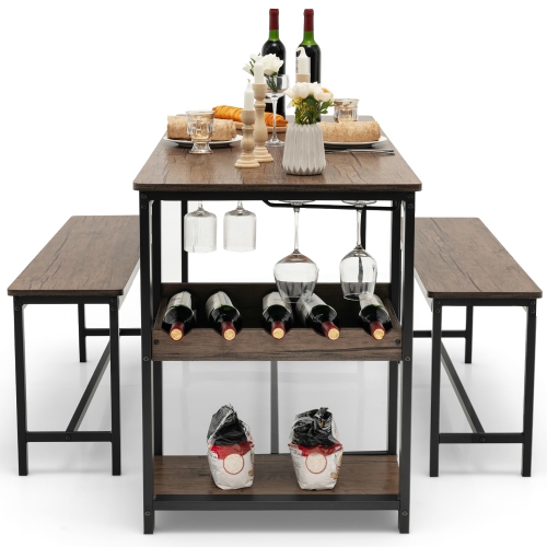 Costway 3 PCS Dining Table Set for 4 Kitchen Dining Room Table & 2 Benches W/Wine Rack