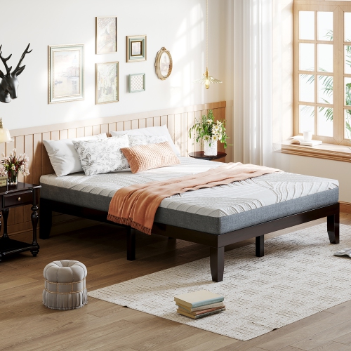 Costway Queen Size Wood Bed Frame & 8" Foam Mattress Set CertiPUR-US Certified