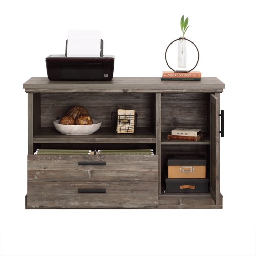 Sauder Aspen Post Engineered Wood Credenza in Pebble Pine/Brown