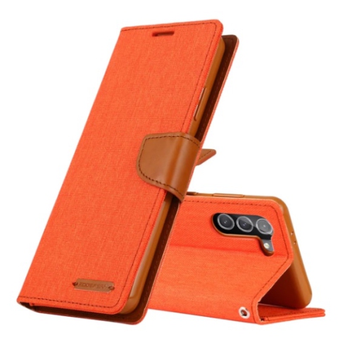 GOOSPERY  Topsave Canvas Card Slot W/magnetic Clip Denim Cloth Folio Wallet Flip for Samsung Galaxy S23 Plus 6.6" 5G In Orange