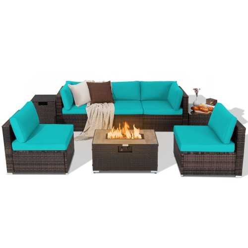 Costway 8PCS Patio Rattan Furniture Set Fire Pit Table Tank Holder Cover Deck Off White/Black/Navy/Red/Turquoise