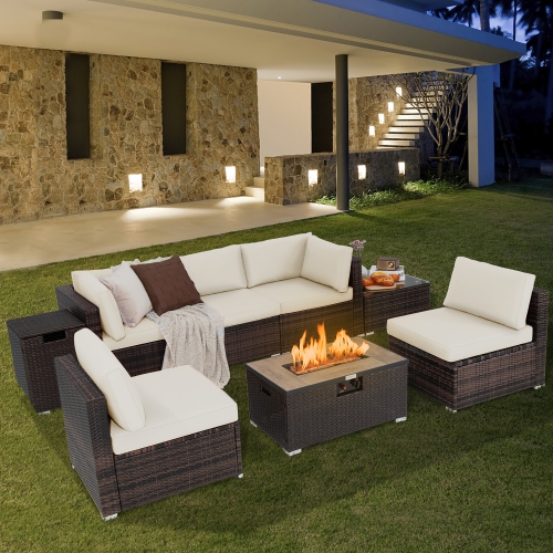Costway 8PCS Patio Rattan Furniture Set Fire Pit Table Tank Holder Cover Deck