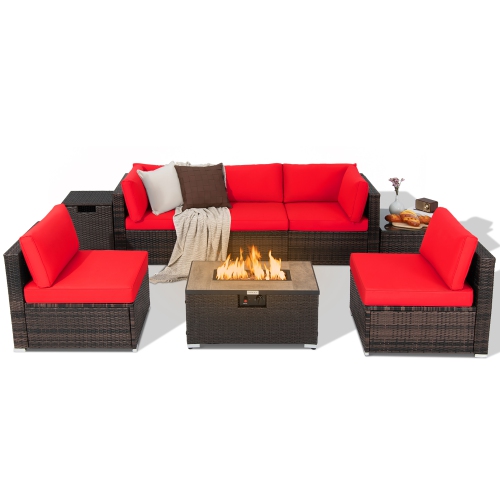 Costway 8PCS Patio Rattan Furniture Set Fire Pit Table Tank Holder Cover Deck Off White/Black/Navy/Red/Turquoise