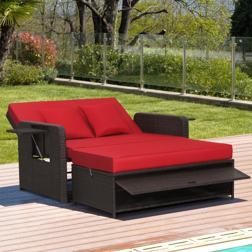 Costway Patio Rattan Daybed Lounge Retractable Top Canopy Side Tables Cushions