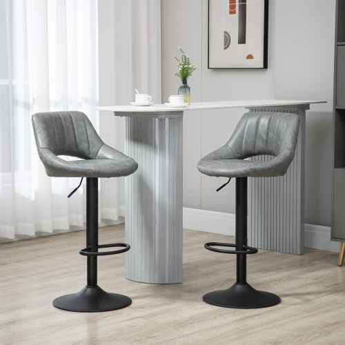 HOMCOM Bar Stools Set of 2, Swivel Counter Height Barstools with Adjustable Height, Faux Leather Upholstered Bar Chairs with Round Metal Base and