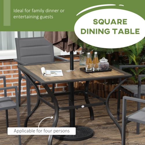 Outsunny 37" Garden Outdoor Dining Table for 4, Square Patio Table with Umbrella Hole, Plastic Board Tabletop for Backyard, Poolside, Mixed Brown