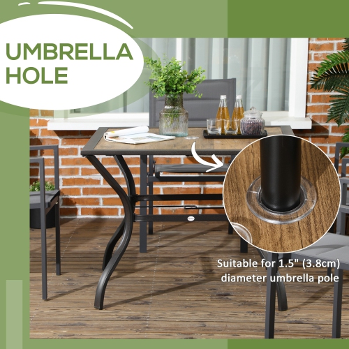 Outsunny 37" Garden Outdoor Dining Table for 4, Square Patio Table with Umbrella Hole, Plastic Board Tabletop for Backyard, Poolside, Mixed Brown