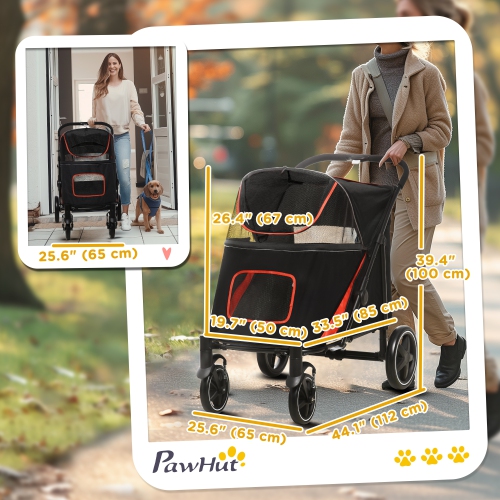 PawHut Pet Stroller, One-Click Foldable Dog Stroller with Universal Front Wheels, Shock Absorber, Dog Cat Carriage with Brakes, Safety Leash for