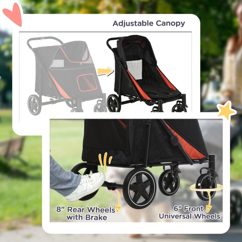 PawHut Pet Stroller, One-Click Foldable Dog Stroller with Universal Front Wheels, Shock Absorber, Dog Cat Carriage with Brakes, Safety Leash for