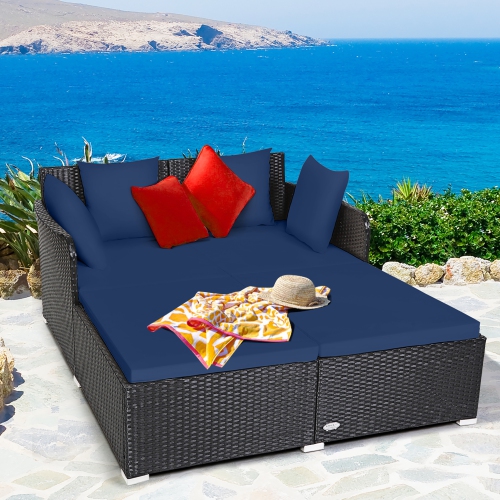 Costway Outdoor Patio Rattan Daybed Pillows Cushioned Sofa Furniture