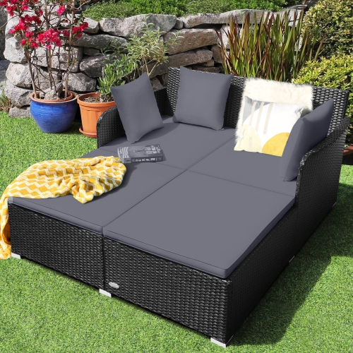 Costway Outdoor Patio Rattan Daybed Pillows Cushioned Sofa Furniture