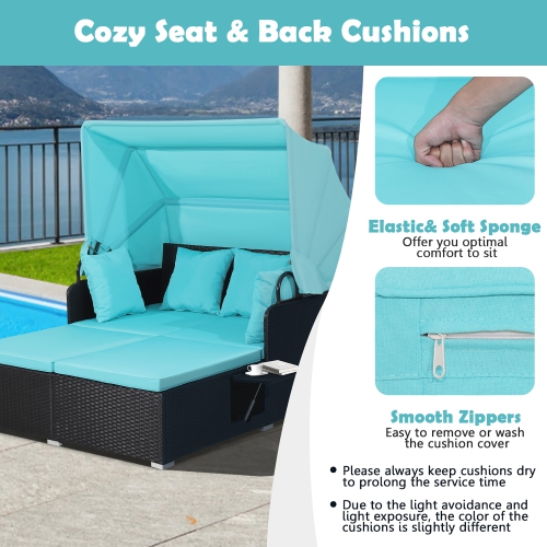 Costway Patio Rattan Daybed Lounge Retractable Top Canopy Side Tables Cushions