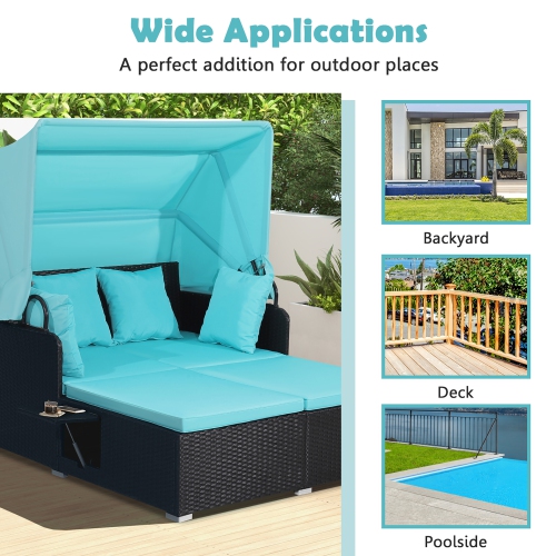 Costway Patio Rattan Daybed Lounge Retractable Top Canopy Side Tables Cushions