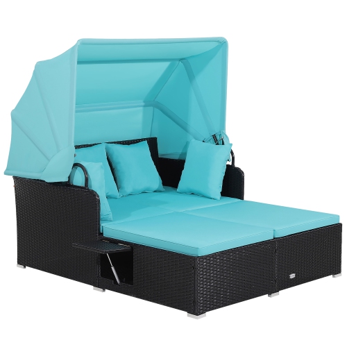 Costway Patio Rattan Daybed Lounge Retractable Top Canopy Side Tables Cushions