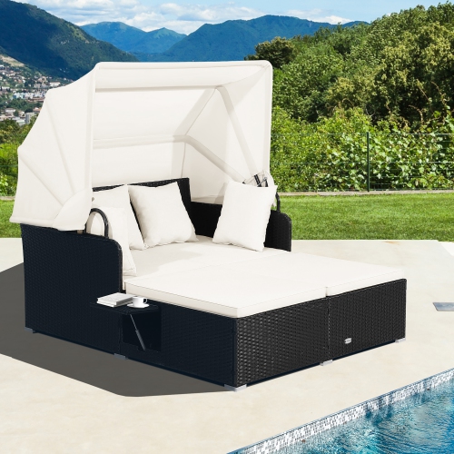 Costway Patio Rattan Daybed Lounge Retractable Top Canopy Side Tables Cushions