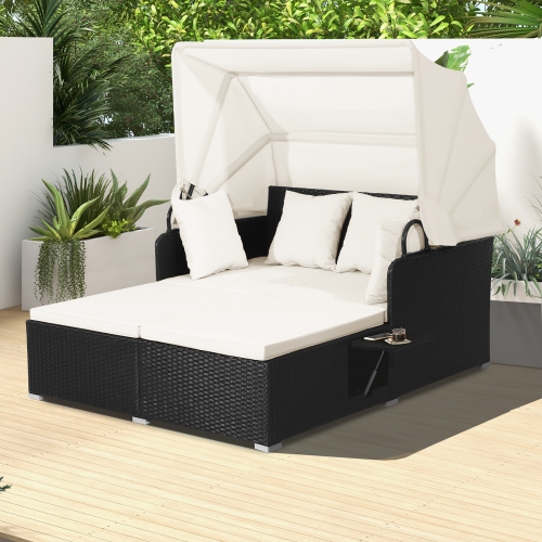 Costway Patio Rattan Daybed Lounge Retractable Top Canopy Side Tables Cushions