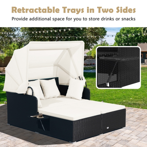 Costway Patio Rattan Daybed Lounge Retractable Top Canopy Side Tables Cushions
