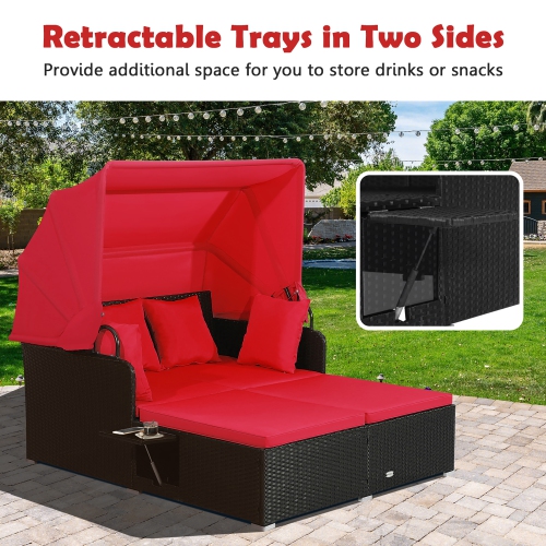 Costway Patio Rattan Daybed Lounge Retractable Top Canopy Side Tables Cushions