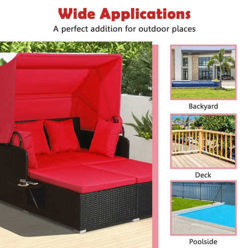 Costway Patio Rattan Daybed Lounge Retractable Top Canopy Side Tables Cushions