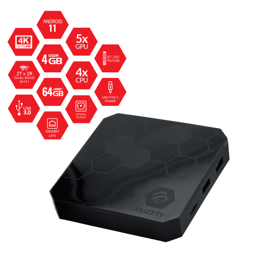 BuzzTV le lecteur multimédia en continu Android UHD 4K classique. Mémoire vive 4 Go/mémoire 64 Go/Wi-Fi bibande 2T2R