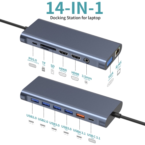 SAGA Premium 14-in-1 USB-C Hub & Docking Station with Dual 4K HDMI VGA  Ethernet 4 USB 3.0 Ports USB 2.0 SD Card Reader for Thunderbolt 3 & USB-C  Devices