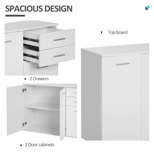 HOMCOM High Gloss Sideboard with 2 Drawers and 3 Doors, Buffet Cabinet with Adjustable Shelf, Coffee Bar Cabinet with Storage, White