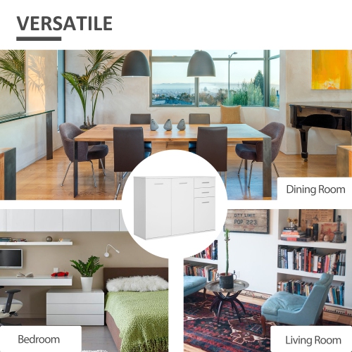 HOMCOM High Gloss Sideboard with 2 Drawers and 3 Doors, Buffet Cabinet with Adjustable Shelf, Coffee Bar Cabinet with Storage, White