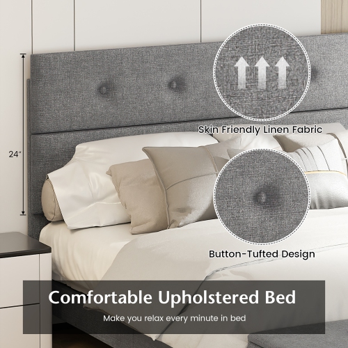 Costway Upholstered Bed Frame with Ottoman Storage Linen Button Tufted Headboard