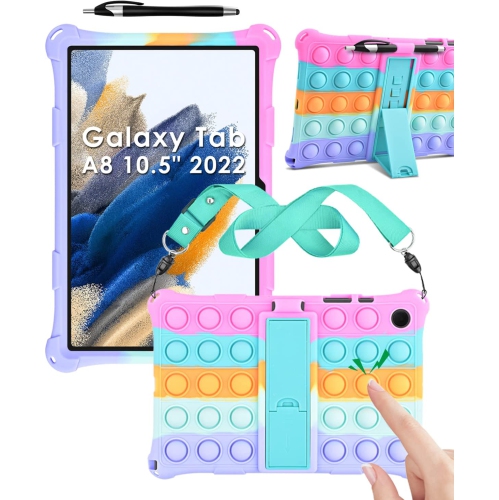 D – Étui en silicone pour Galaxy Tab A8 de 10.5 2022 po de Samsung  (SM-X200/X205), protecteur multiangle léger avec bandoulière et stylet pour Tab  A8 de 10.5 po de Samsung, étincelant