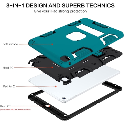 B iPad Air 2 Case, iPad Case Air 2, Three Layer Heavy Duty Hybrid Hard PC Soft Silicone Bumper Rugged Shockproof Kickstand Full Body Protective Kids