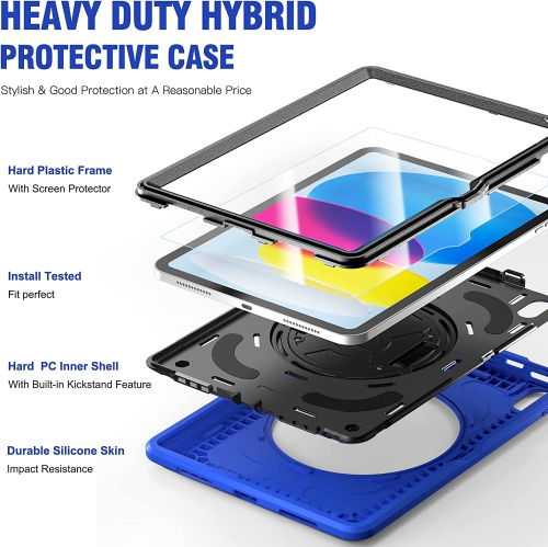 T iPad 10th Generation Case 2022 with Screen Protector Heavy Duty Rugged Case with Pencil Holder Stand for iPad 10th Gen 10.9 Inch, Blue