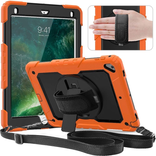 T Case for iPad 6th/5th Generation 9.7 Inch 2018/2017, Heavy-Duty Protective Case with Screen Protector/ Rotating Stand/ Hand/Shoulder Strap for iPad