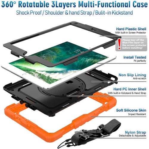 T Case for iPad 6th/5th Generation 9.7 Inch 2018/2017, Heavy-Duty Protective Case with Screen Protector/ Rotating Stand/ Hand/Shoulder Strap for iPad