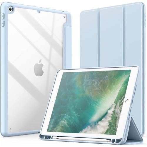 Image 1 of 7.. J Case for iPad 9.7-Inch with Pencil Holder, Clear Transparent Back Shell Slim Stand Shockproof Tablet Cover, Auto Wake/Sleep (Light Blue)