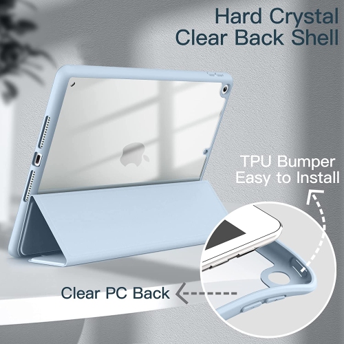 Étui J pour iPad de 9.7 po avec porte-crayon, coque arrière transparente pour tablette, veille/veille automatique (bleu pâle)