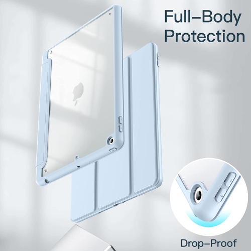 Étui J pour iPad de 9.7 po avec porte-crayon, coque arrière transparente pour tablette, veille/veille automatique (bleu pâle)