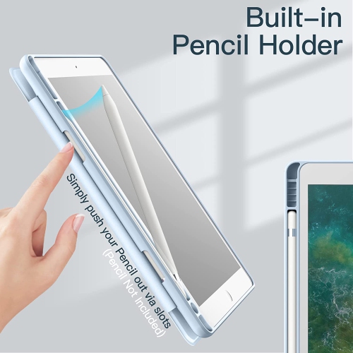Étui J pour iPad de 9.7 po avec porte-crayon, coque arrière transparente pour tablette, veille/veille automatique (bleu pâle)