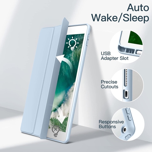 Étui J pour iPad de 9.7 po avec porte-crayon, coque arrière transparente pour tablette, veille/veille automatique (bleu pâle)