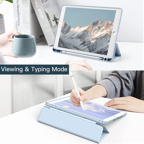 Étui J pour iPad de 9.7 po avec porte-crayon, coque arrière transparente pour tablette, veille/veille automatique (bleu pâle)