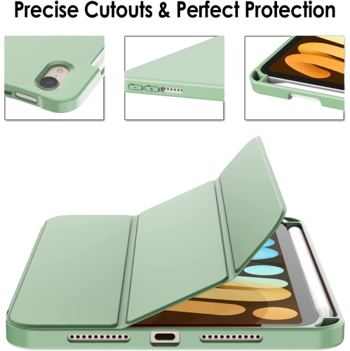J Case for iPad Mini 6 with Pencil Holder, Support 2nd Pencil Charging, Slim Tablet Cover with Soft TPU Back, Auto Wake/Sleep (Matcha Green)