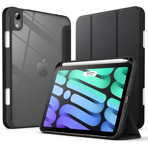 Image 1 of 7.. J Case for iPad Mini 6 with Pencil Holder, Clear Transparent Back Shell Slim Stand Shockproof Tablet Cover, Auto Wake/Sleep (Black)